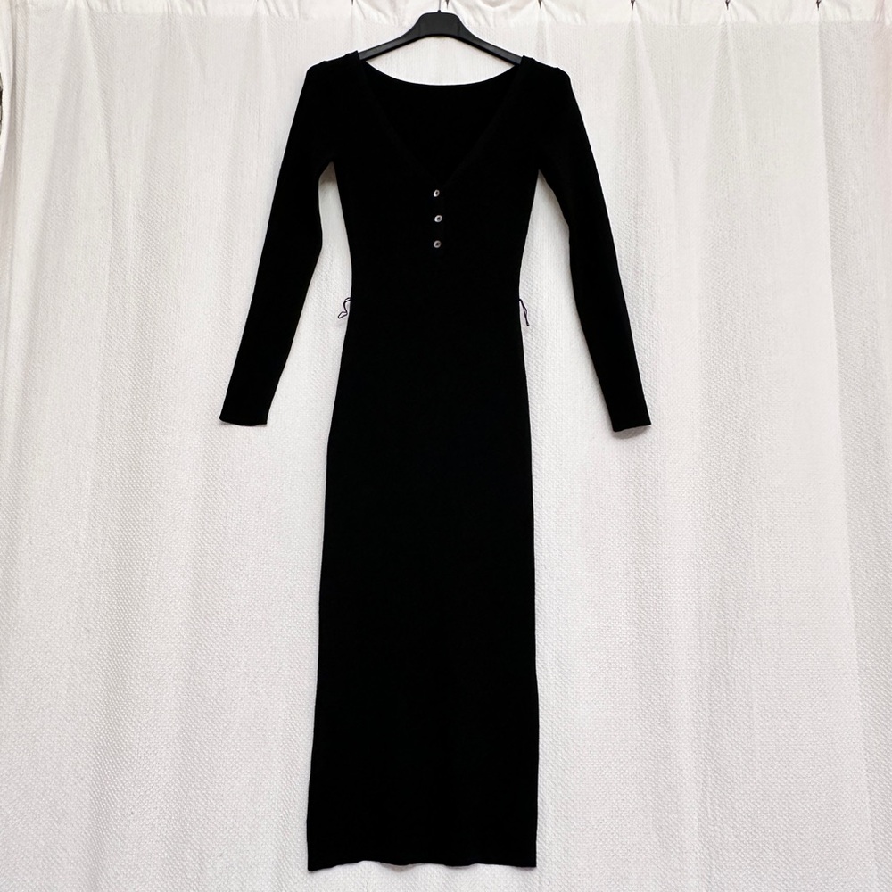 Babaton Wool blend Black Long Sleeve Dress with Button Detail